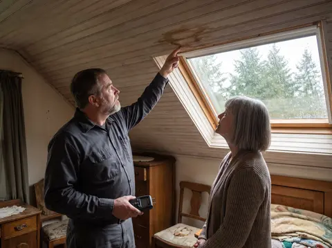 A technician points to a water stain on a sloped bedroom ceiling beside a rain-streaked dormer window while the homeowner listens.